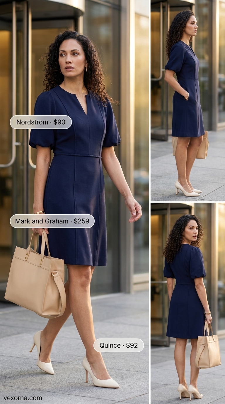 Summer Boardroom Power Outfit 2026 Navy blue sheath midi dress, beige pumps, gold earrings for a summer midi outfit for women over 40 2026.