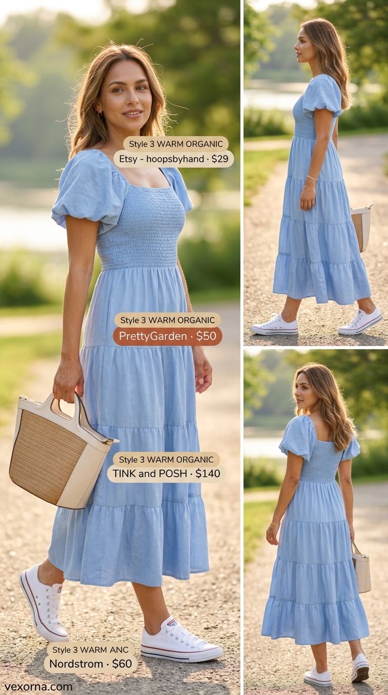 Charming Lakeside Picnic Outfit 2026 Sky blue smocked midi dress, white sneakers, and raffia tote for a summer midi outfit for women over 40 2026.
