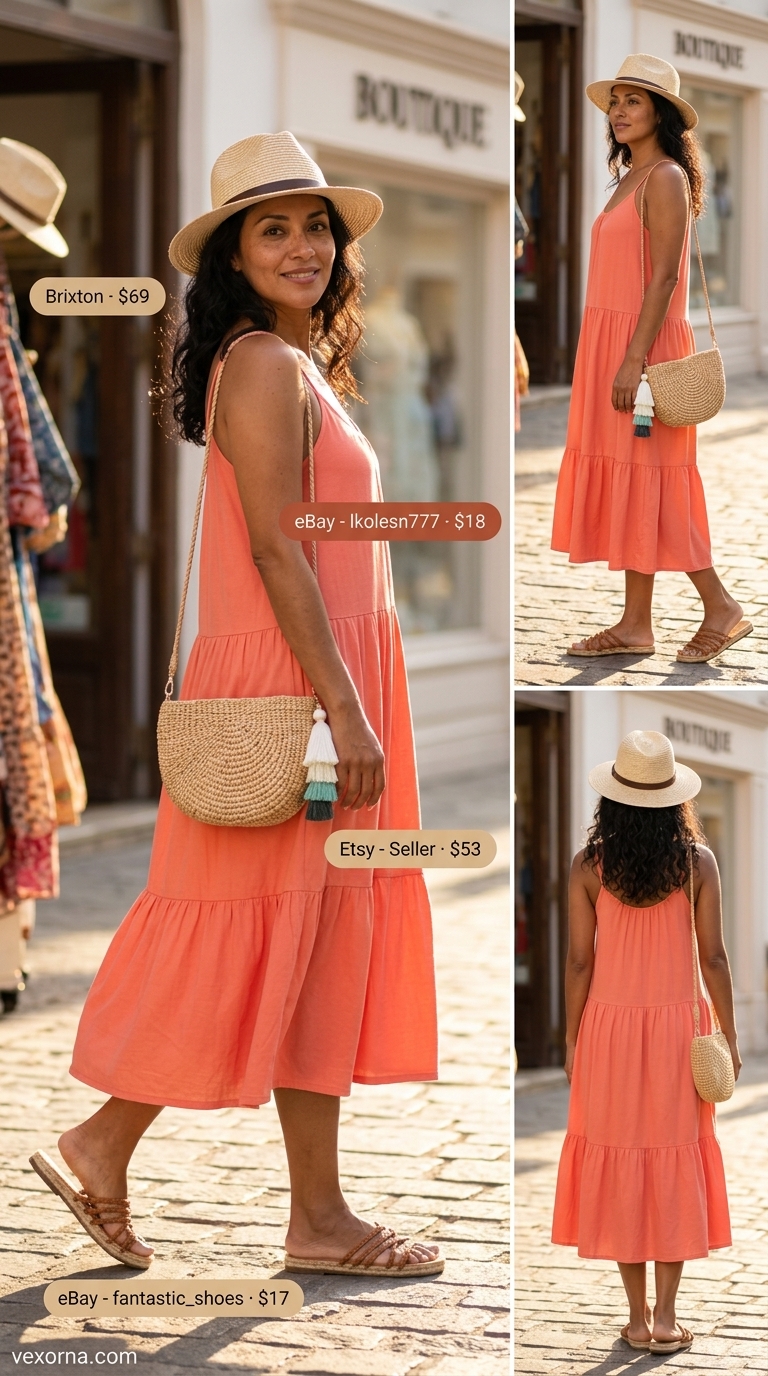 Bohemian Festival Midi Dress 2026 Coral tiered cotton midi dress for a bohemian festival outfit for women over 40 2026.