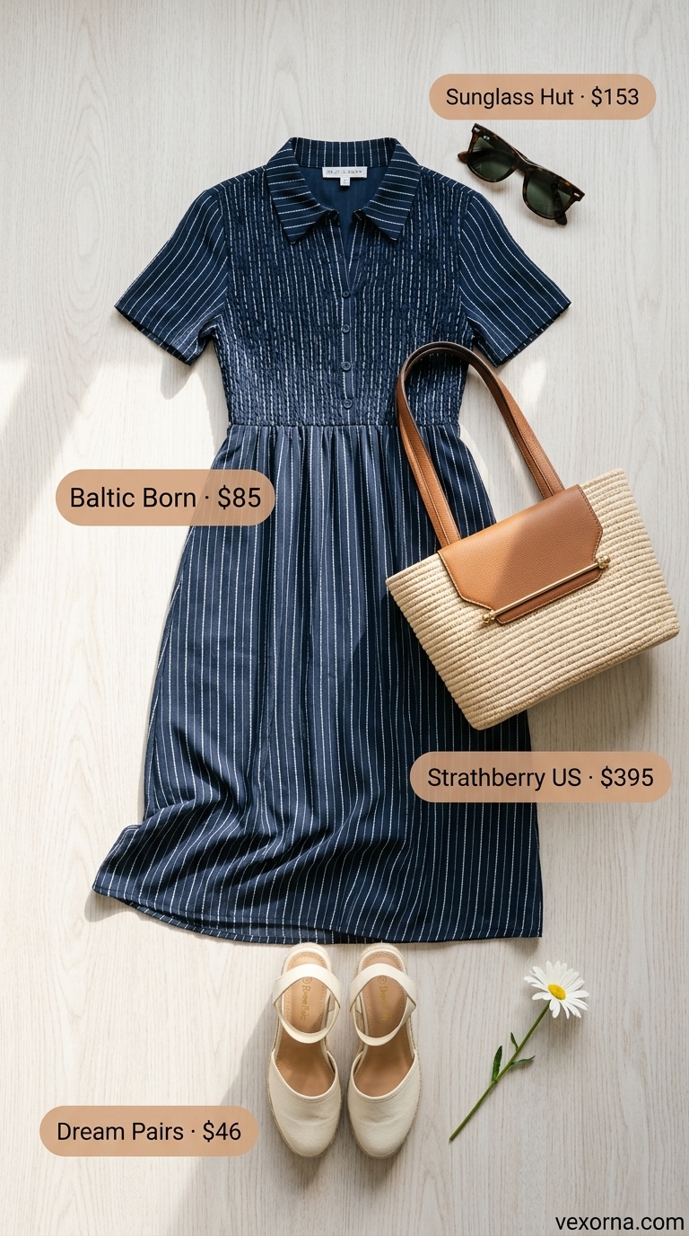 Coastal Brunch Midi Dress 2026 Navy and white striped A-line midi dress for a coastal charm brunch outfit for women over 40 2026.