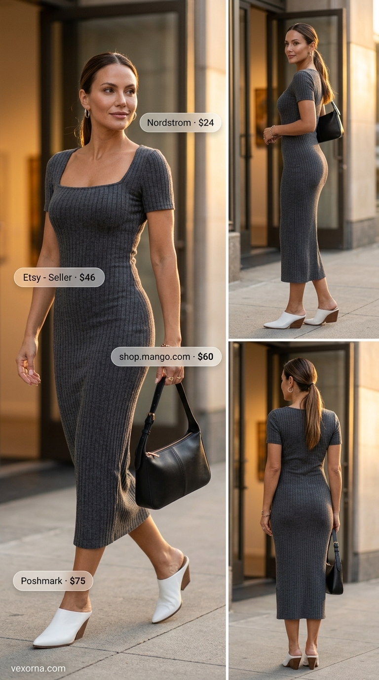 Downtown Gallery Dress 2026 Charcoal grey ribbed knit midi dress for a downtown art gallery opening outfit for women over 40 2026.