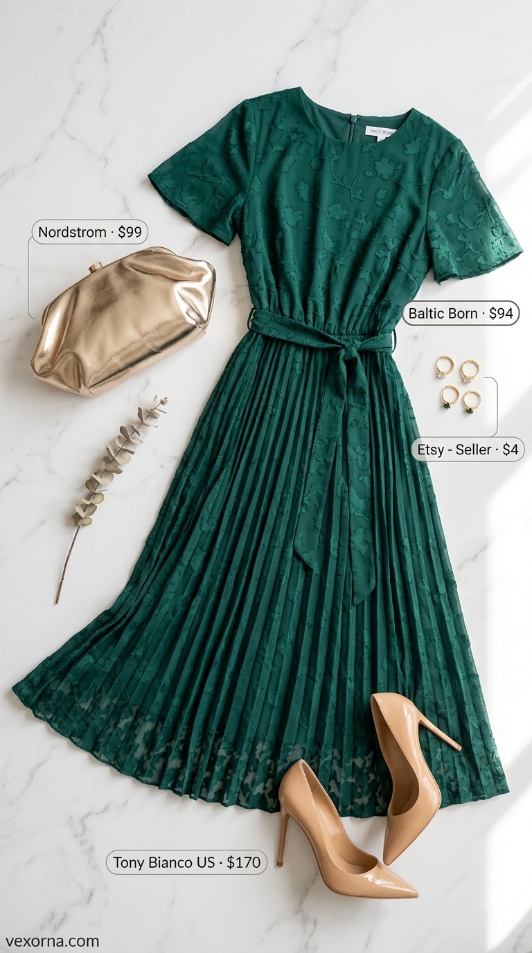 Emerald Gallery Opening Outfit 2026 Emerald green pleated chiffon midi dress for a gallery opening outfit for women over 40 2026.