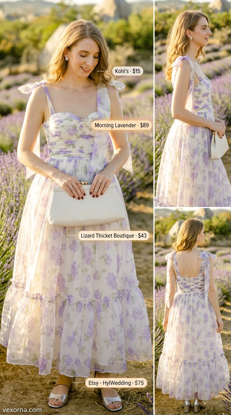 Lavender Garden Party Outfit 2026 Lavender floral wrap midi dress for a summer garden party outfit for women over 40 2026.