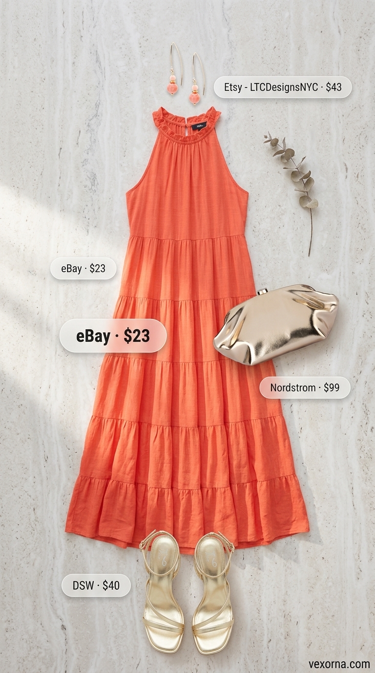 Resort Glamour Midi Dress 2026 Coral chiffon tiered midi dress for a resort ready glamour outfit for women over 40 2026.