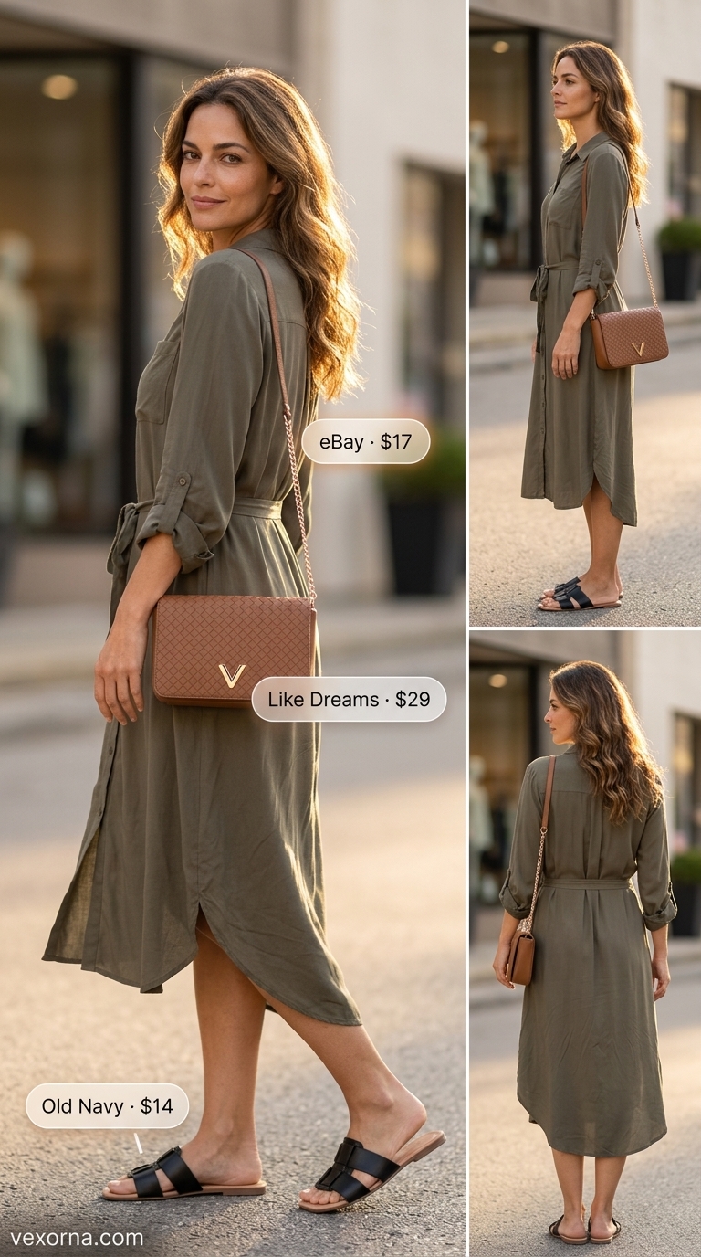 Olive green button-front shirt midi dress for a safari chic getaway outfit for women over 40 2026.