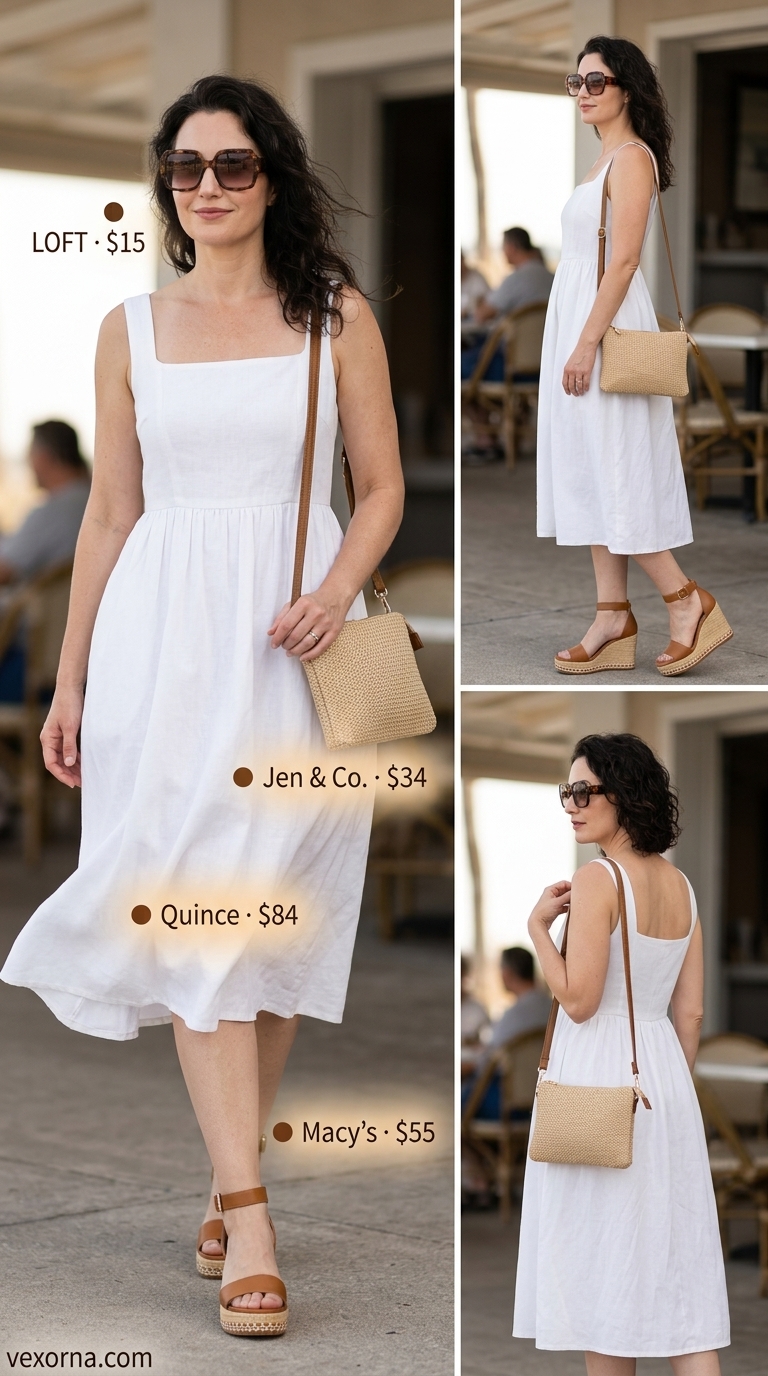 Seaside Brunch Midi Dress 2026 Crisp white linen-blend A-line midi dress for a breezy seaside brunch outfit for women over 40 2026.