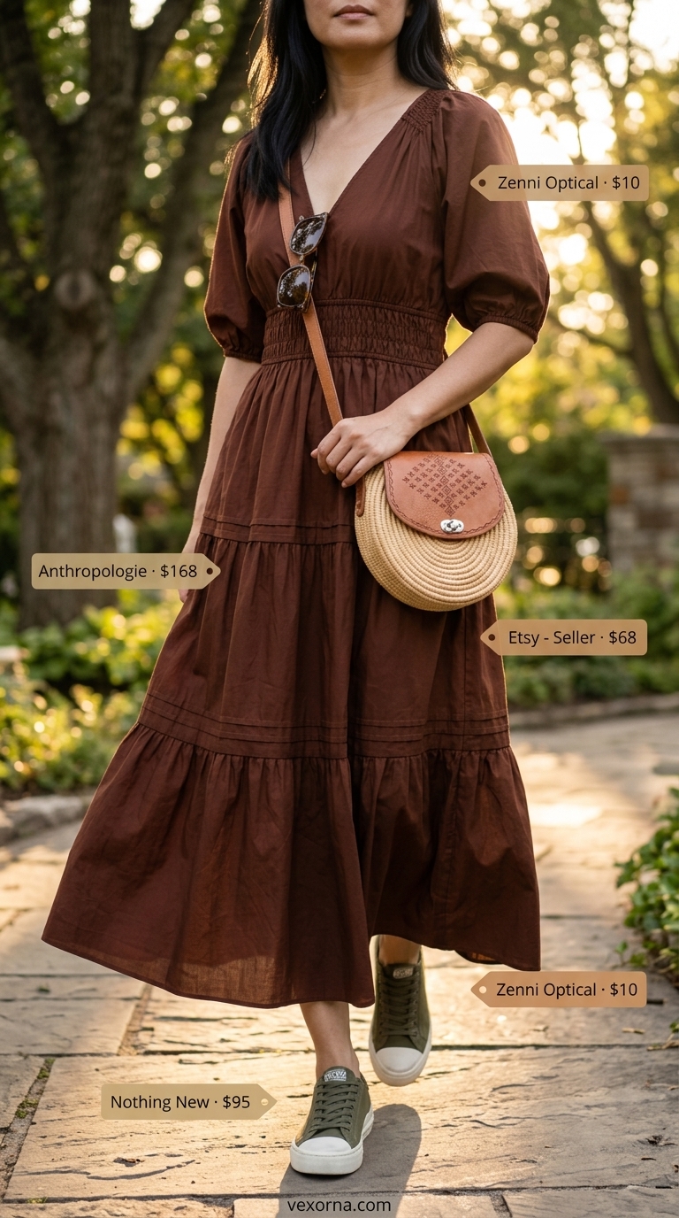 Terracotta Sunset Midi Dress 2026 Terracotta tiered midi dress with smocked bodice for a sunset gathering outfit for women over 40 2026.