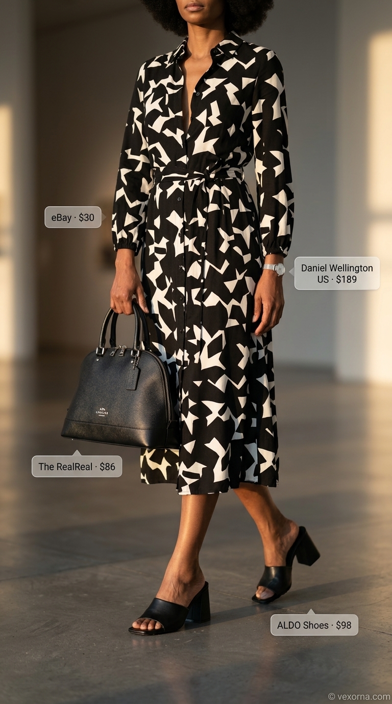 Sophisticated Abstract Midi Outfit For Women Over 40 2026 Black and white abstract print shirt midi dress for women over 40, a sophisticated summer midi outfit 2026.