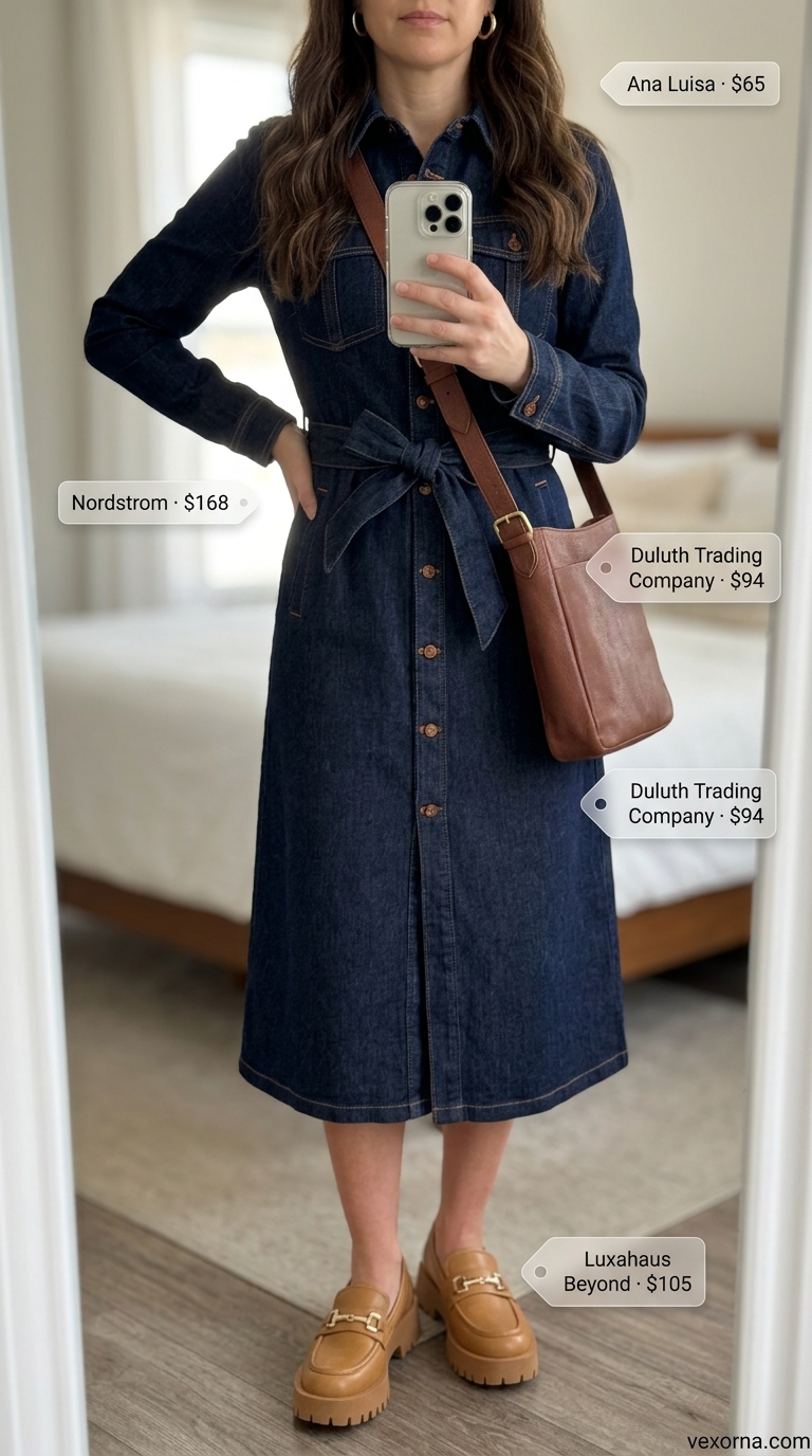 Stylish Denim Midi Outfit For Women Over 40 2026 Dark denim shirtdress midi for women over 40, a stylish summer midi outfit 2026 for weekend casual.