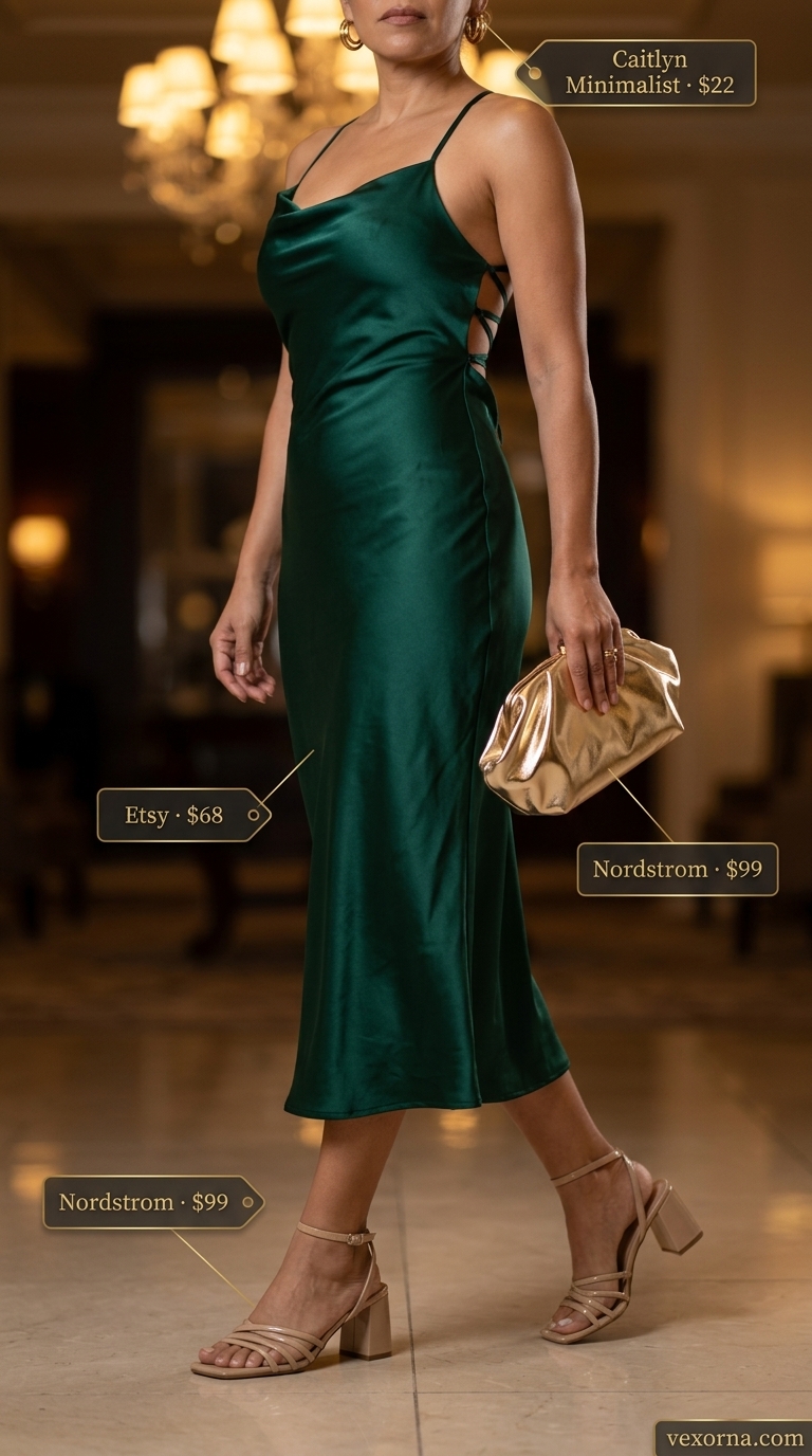 Elegant Emerald Midi Outfit For Women Over 40 2026 Emerald green satin slip midi dress for women over 40, perfect summer midi outfit 2026 for dinner dates.