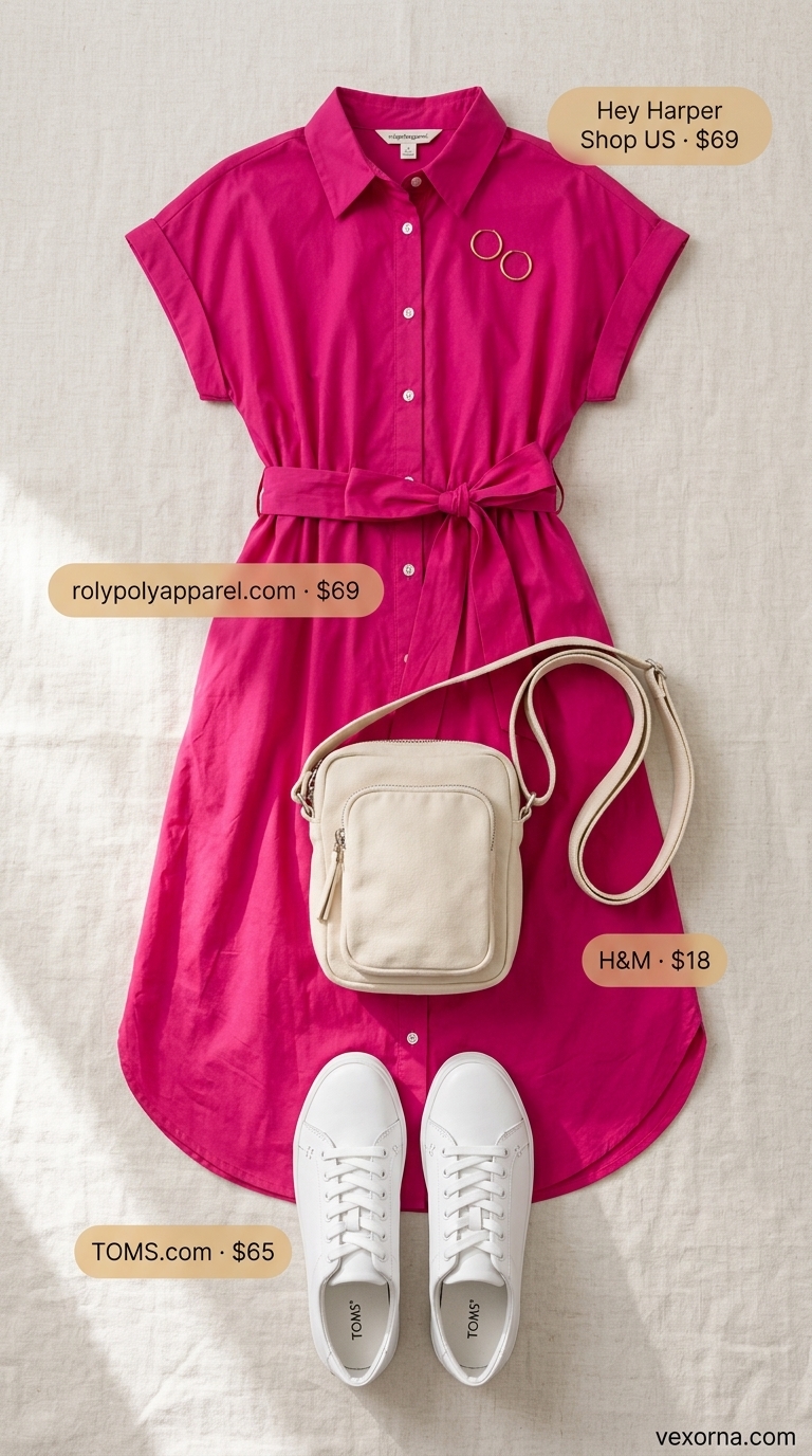 Playful Fuchsia Midi Outfit For Women Over 40 2026 Fuchsia cotton poplin shirtdress for women over 40, a playful summer midi outfit 2026 for day outs.