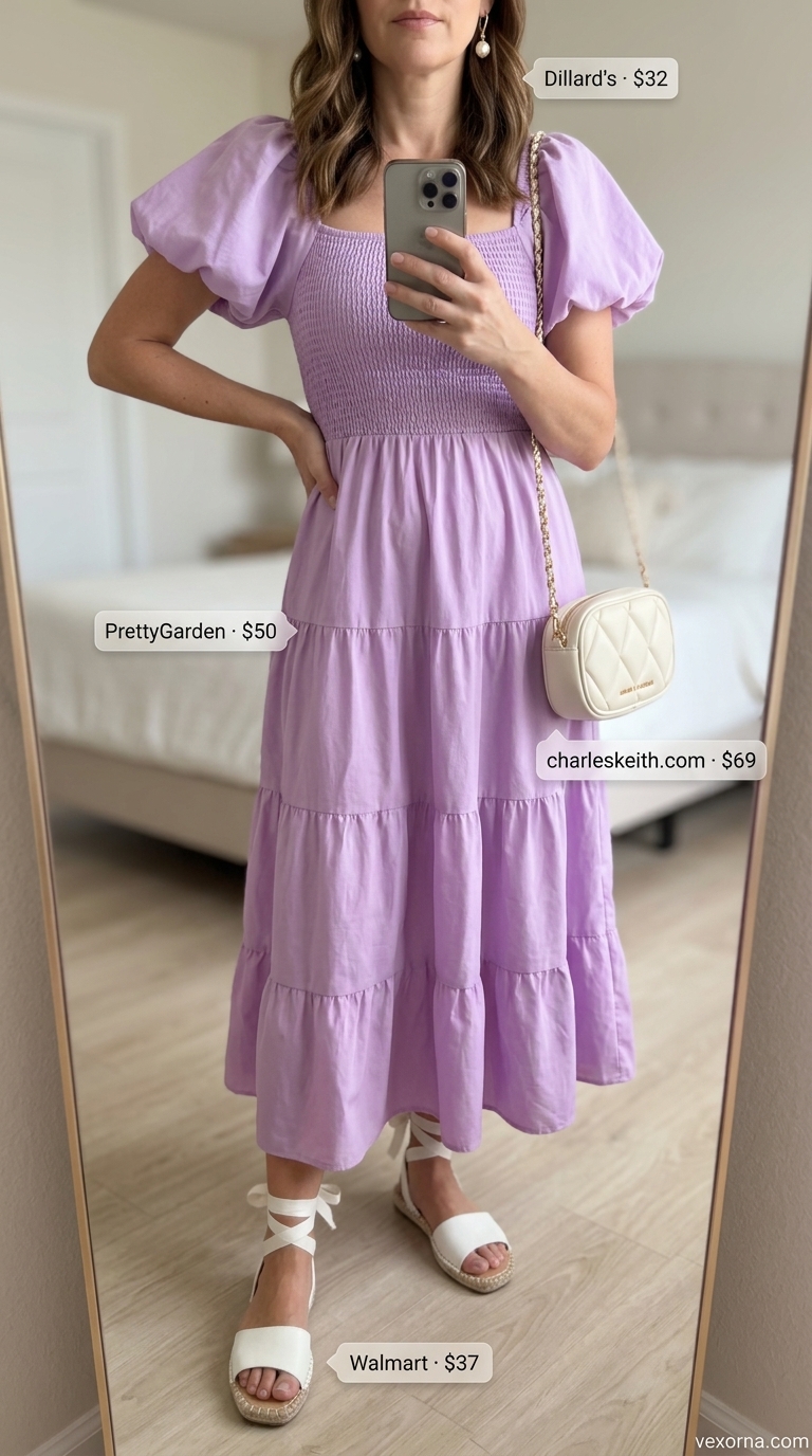 Romantic Lavender Midi Outfit For Women Over 40 2026 Lavender smocked bodice midi dress for women over 40, a romantic summer midi outfit 2026 for garden parties.