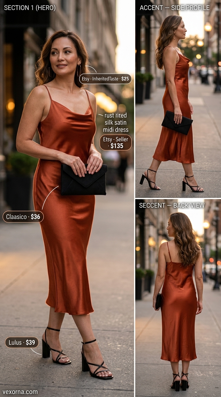 Glamorous Rust Midi Outfit For Women Over 40 2026 Rich rust satin slip midi dress for women over 40, a glamorous summer midi outfit 2026 for cocktails.