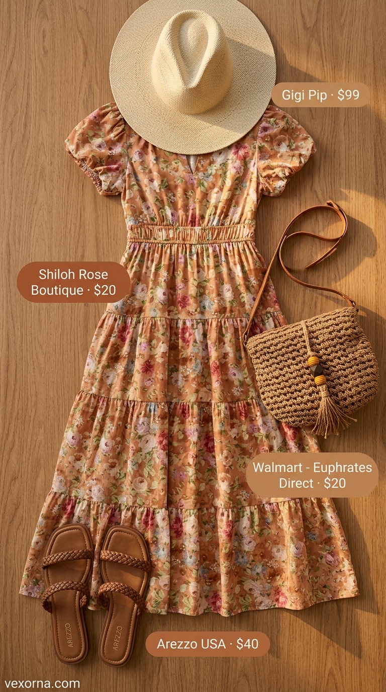 Bohemian Terracotta Midi Outfit For Women Over 40 2026 Terracotta floral print midi dress for women over 40, a relaxed summer midi outfit 2026 for vacation evenings.