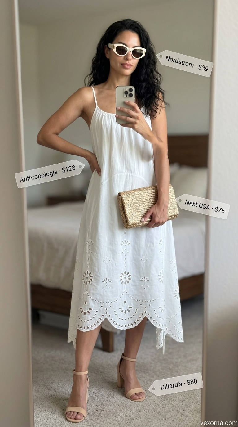 Luxurious White Lace Midi Outfit For Women Over 40 2026 White cotton eyelet lace midi dress for women over 40, a luxurious summer midi outfit 2026 for resort wear.