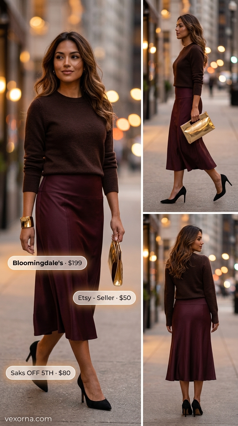Burgundy satin midi skirt with black bodysuit, heels, and clutch for summer must have outfits for women 2026.