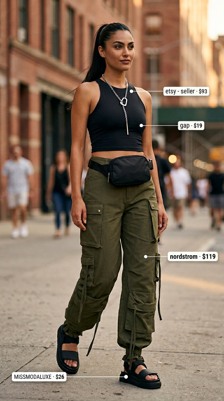 Edgy olive green cargo pants and black crop top outfit, a summer must have for women 2026 streetwear style.