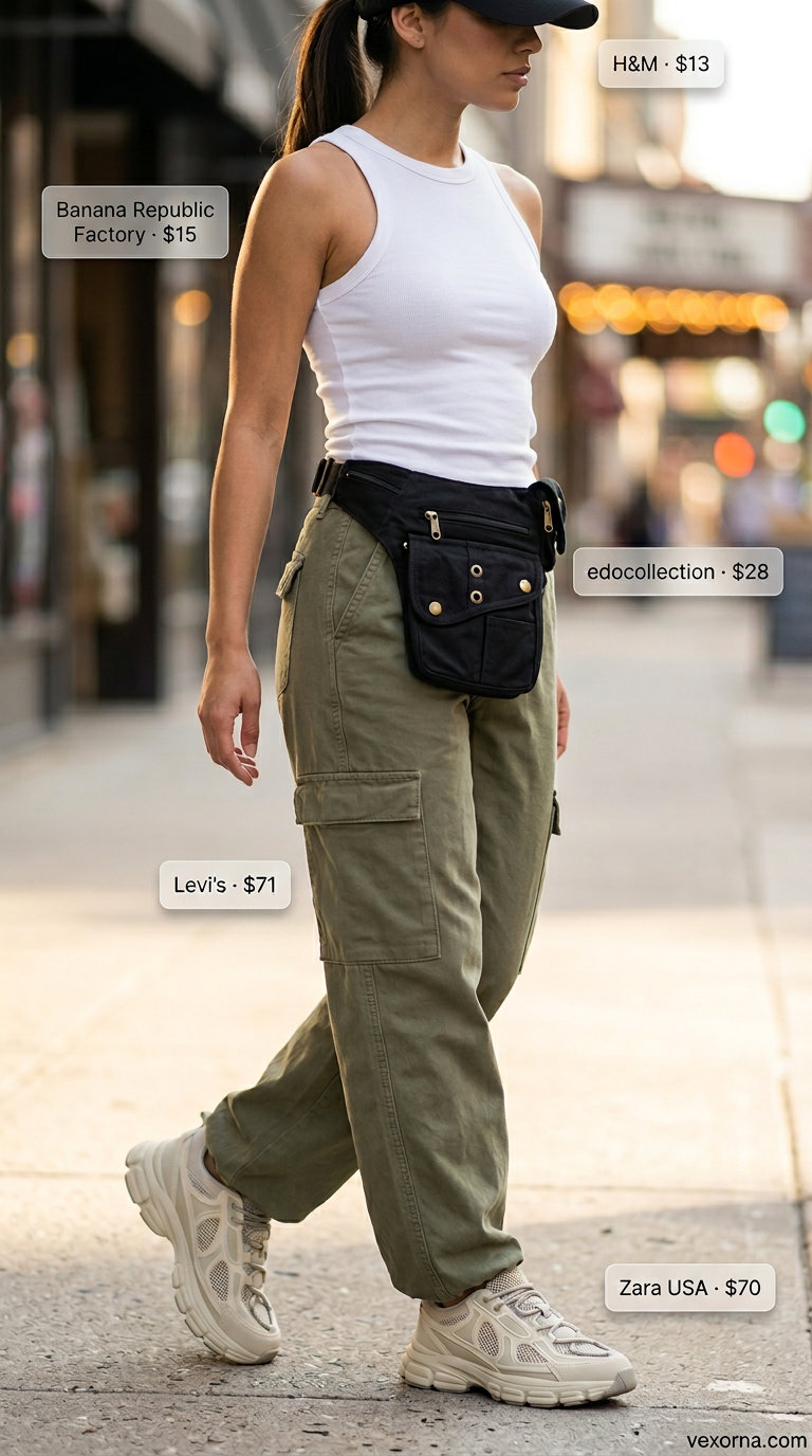 Olive green cargo pants with white tank, sneakers, and baseball cap for summer must have outfits for women 2026.