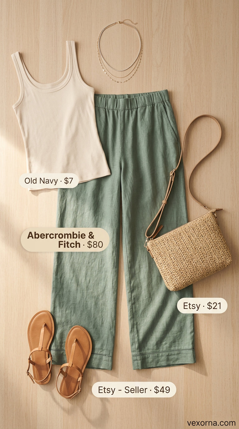Sage green linen wide-leg pants and cream tank top, a relaxed summer must have outfit for women 2026.