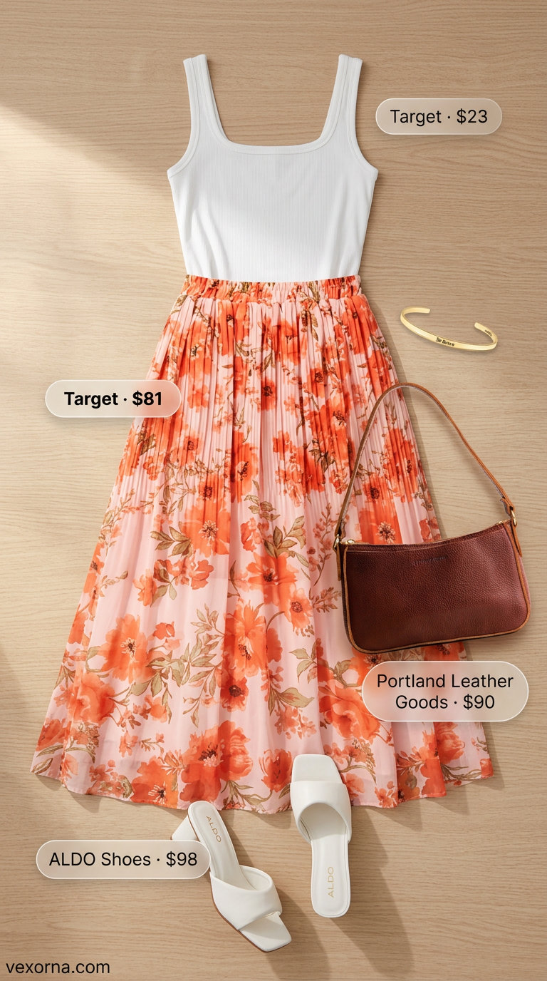 Coral pleated midi skirt with white crop top, mules, and gold jewelry for summer must have outfits for women 2026.