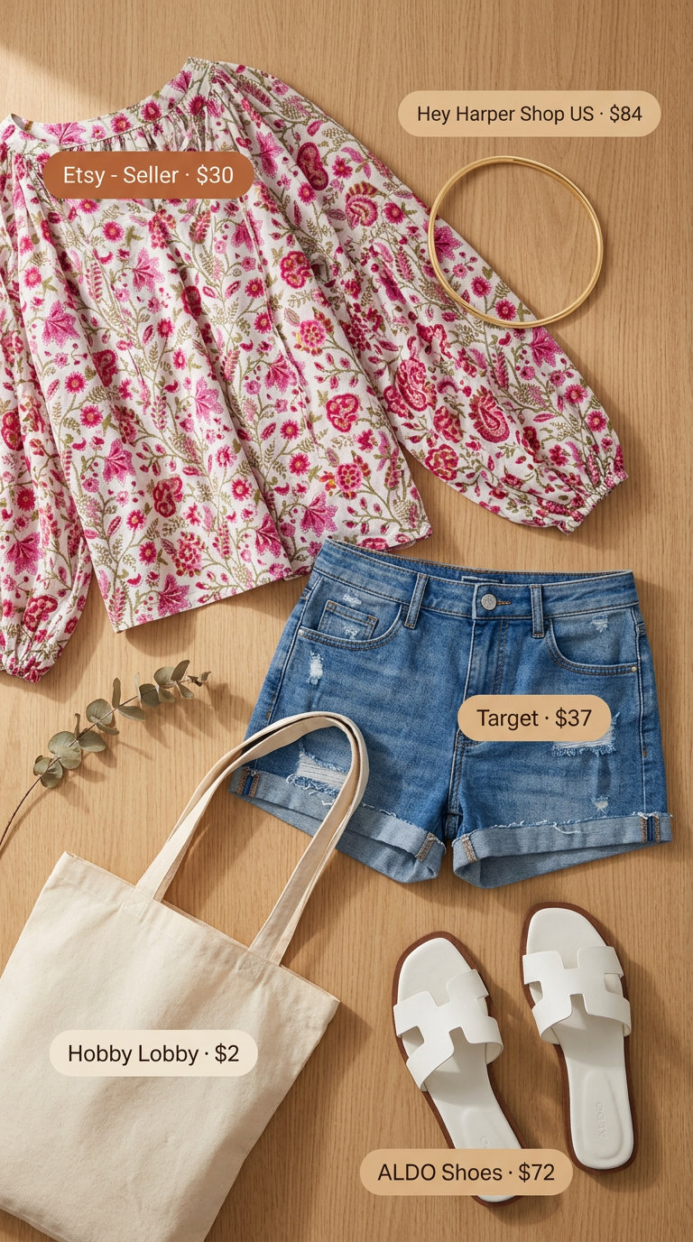 Denim shorts and floral blouse, a casual summer must have outfit for women 2026 for weekend errands.