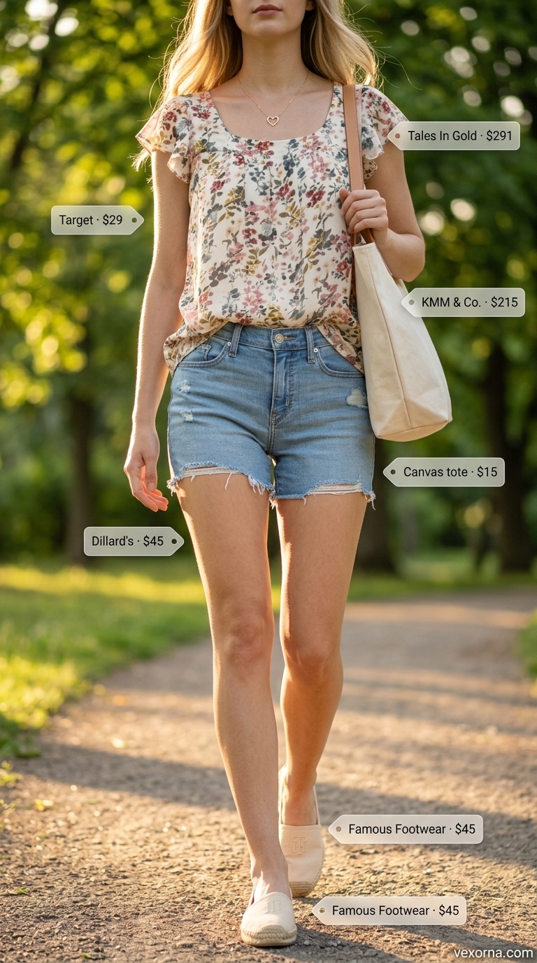 Denim shorts with floral blouse, espadrilles, and canvas tote for summer must have outfits for women 2026.
