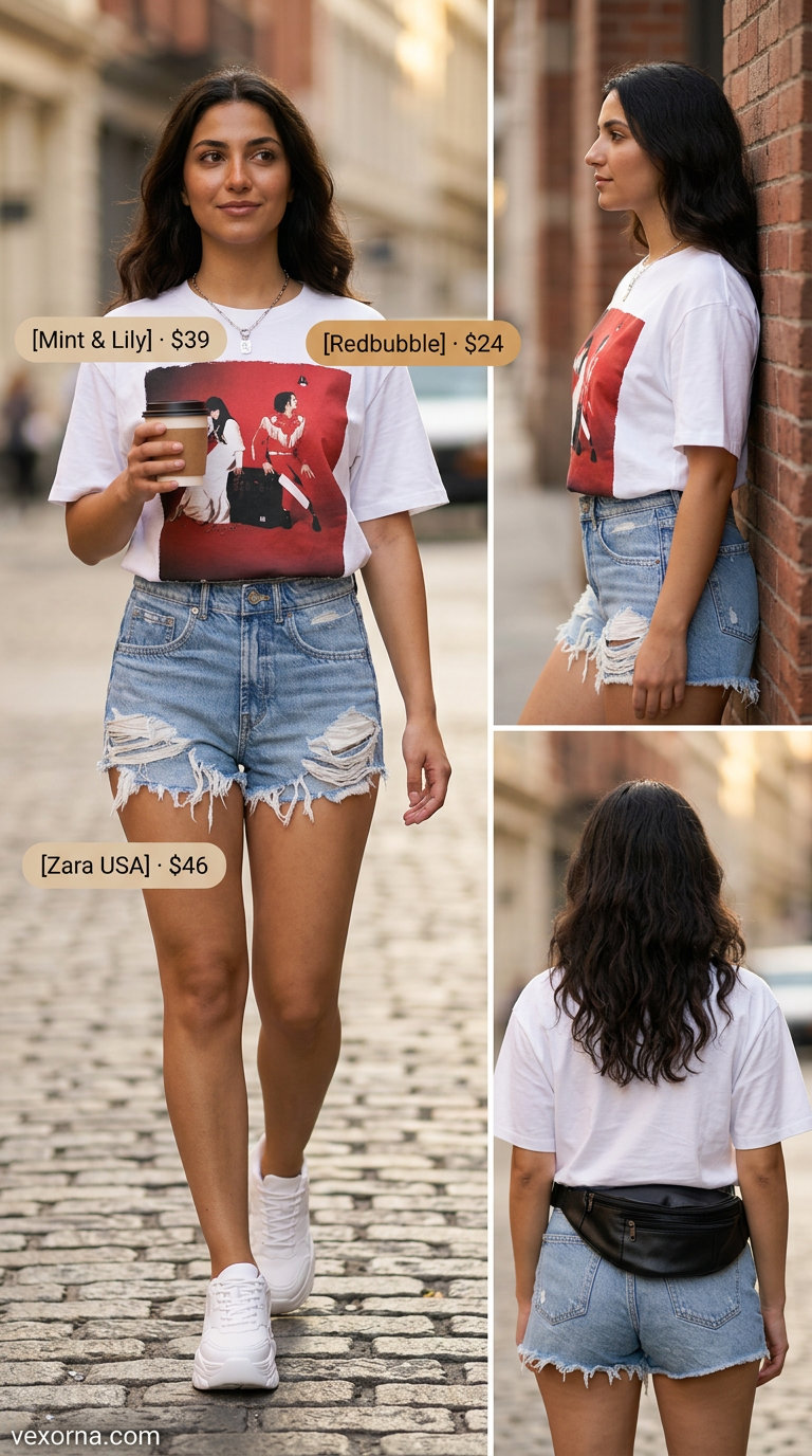 Edgy denim shorts outfit for women, a summer must have outfit for women 2026. Cool city exploration style.