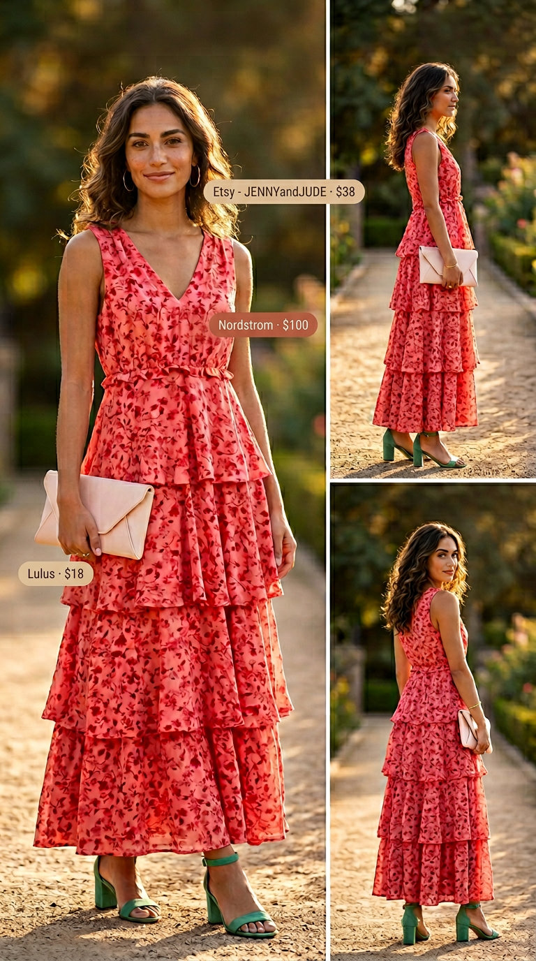 Bohemian coral floral maxi dress for summer evening events, a must have outfit for women 2026. Romantic style.