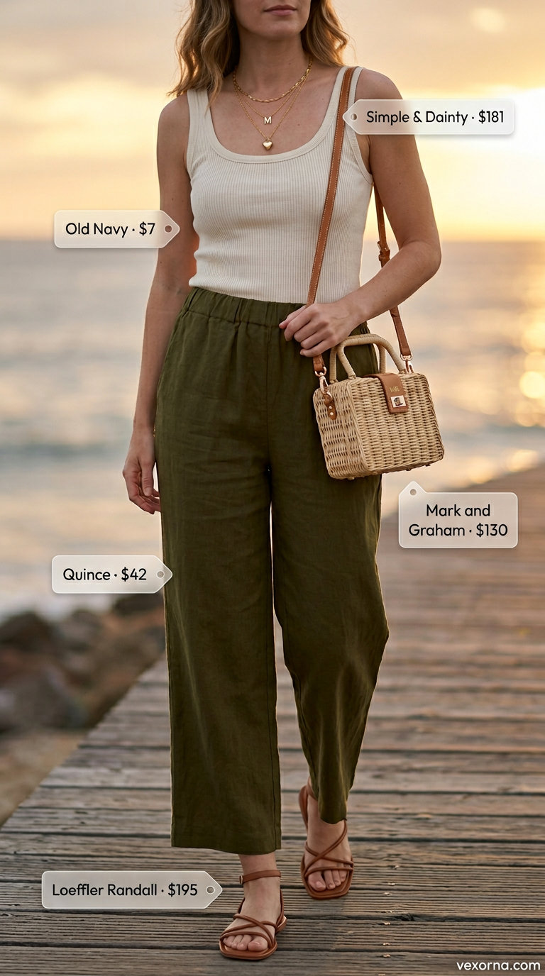 Sage green linen pants outfit for women, a summer must have outfit for women 2026. Relaxed evening style.