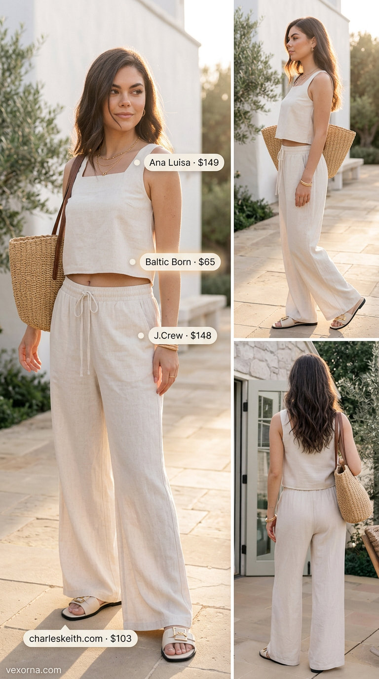 Cream linen crop top and wide-leg pants set with flat sandals and straw tote for summer must have outfits for women 2026.