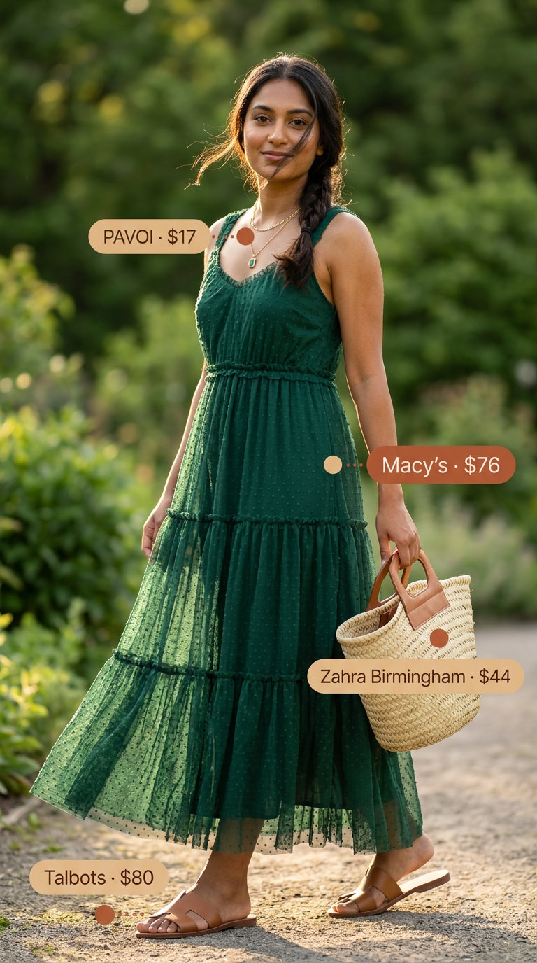 Emerald green flowy maxi dress with layered necklaces and straw tote for summer must have outfits for women 2026.