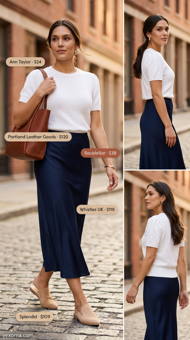 Chic navy midi skirt outfit for women, a summer must have outfit for women 2026. Polished office casual style.
