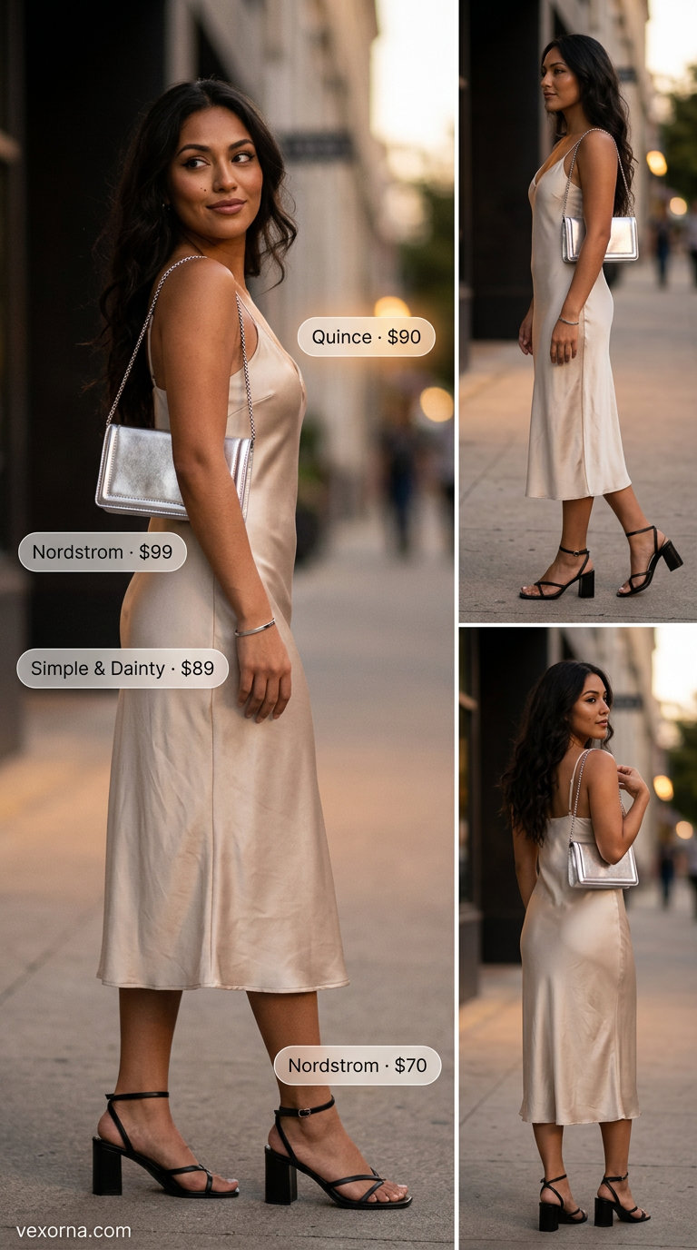 Champagne satin slip dress, a sleek summer must have outfit for women 2026 for date night.