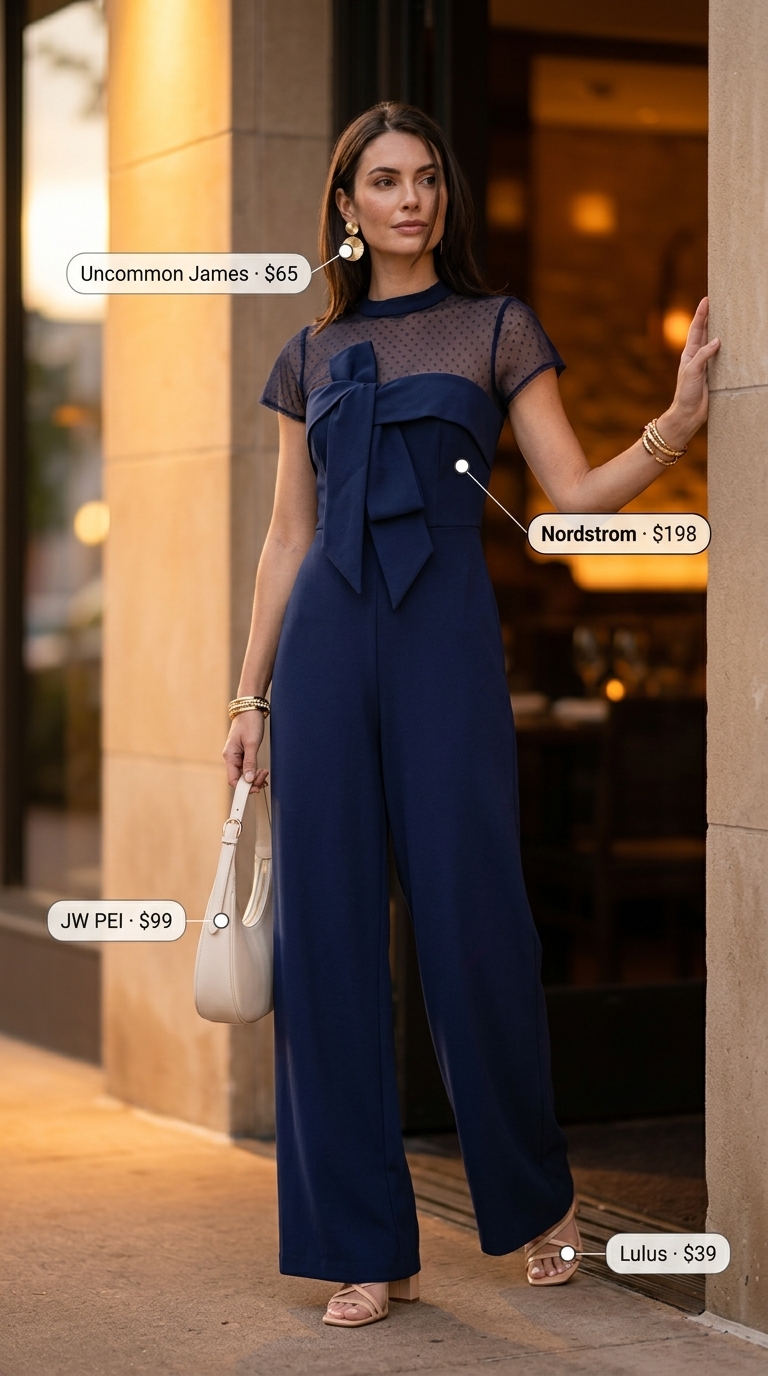 Elegant navy blue jumpsuit for women, a summer must have outfit for women 2026. Chic evening event style.