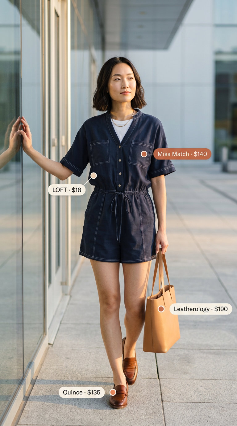Sophisticated navy romper outfit for women, a summer must have outfit for women 2026. Smart casual style.