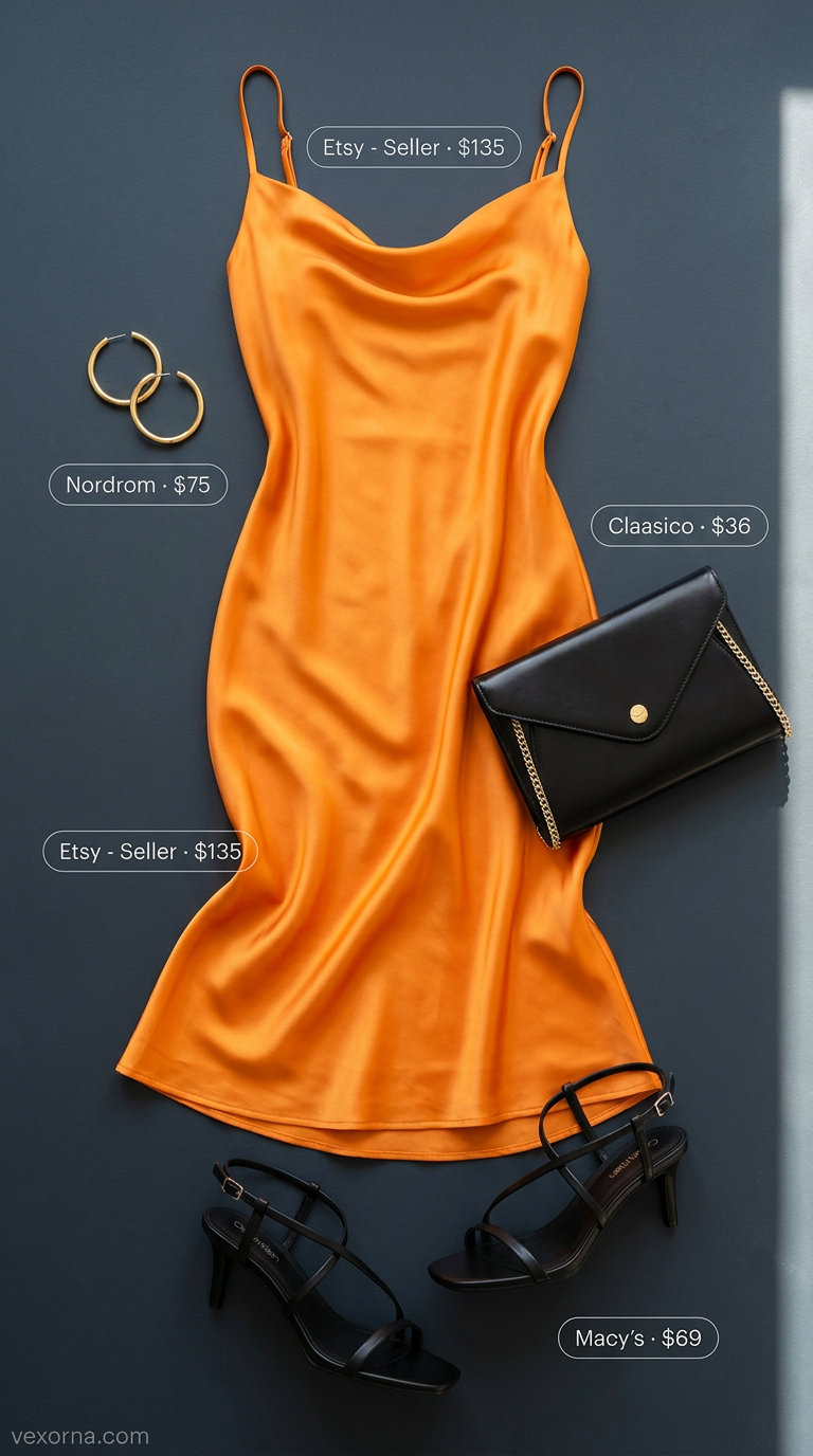 Vibrant mango orange slip dress outfit for women, a summer must have outfit for women 2026. Sophisticated date night style.