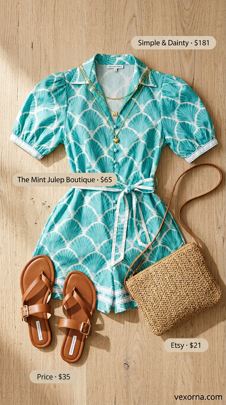 Teal and white geometric romper, a fun summer must have outfit for women 2026 for vacation.