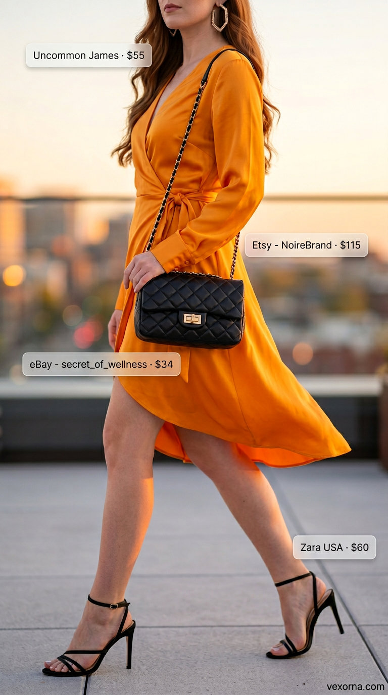 Mango orange wrap dress, a vibrant summer must have outfit for women 2026 for rooftop dinners.