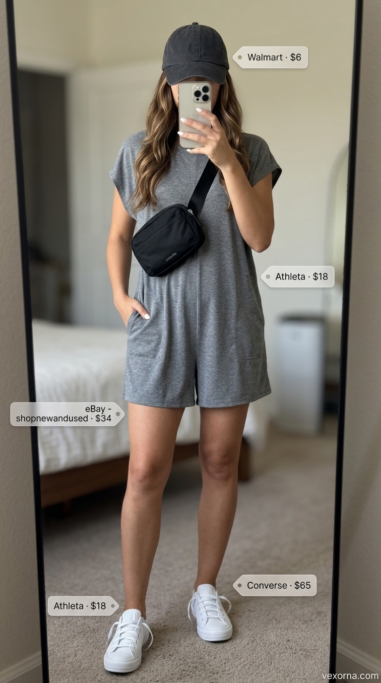 Sporty chic grey romper outfit for women, perfect summer must have outfits for women 2026. Casual day style.
