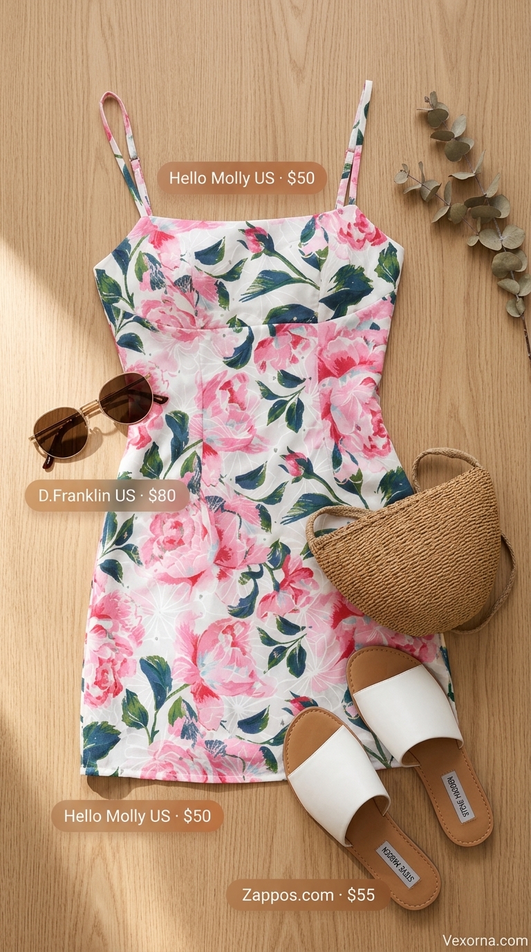 White floral mini sundress with straw bag and sandals, perfect for summer must have outfits for women 2026.