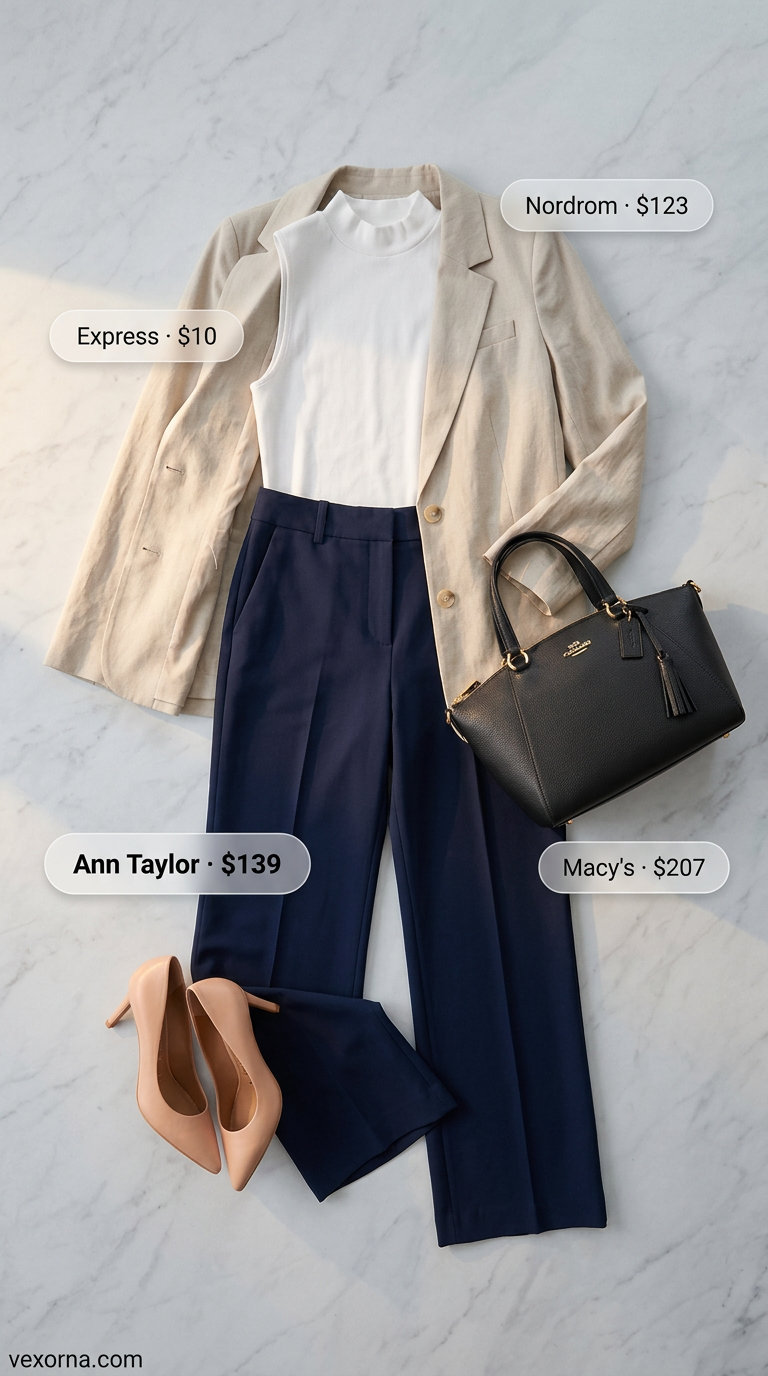 Navy blue wide-leg tailored pants and camel blazer, a polished summer must have outfit for women 2026.