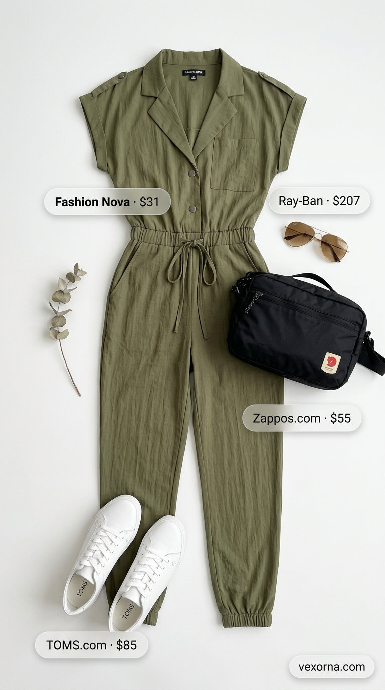 Olive green utility jumpsuit with white sneakers and aviator sunglasses for summer must have outfits for women 2026.