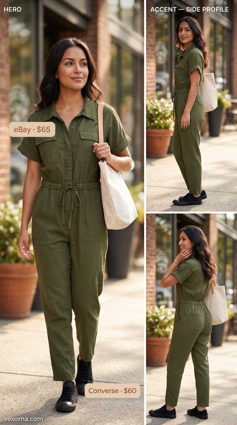 Olive green utility jumpsuit, a practical summer must have outfit for women 2026 for weekends.