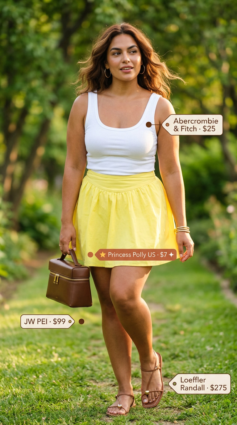 Yellow linen mini skirt with white tank, tan sandals, and straw bag for summer must have outfits for women 2026.