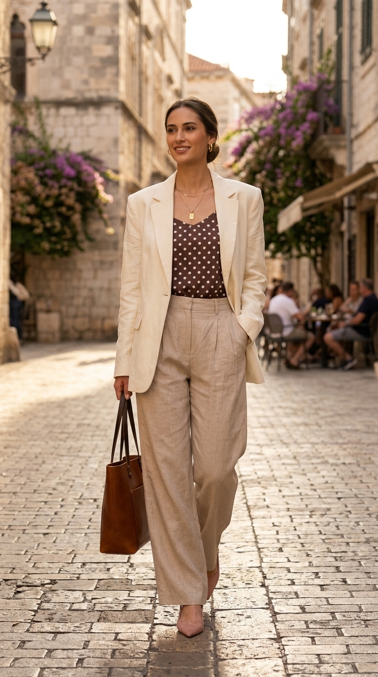 Summer office blazer outfits for women 2026: Beige linen blazer with cream cami and wide-leg trousers for client lunch.
