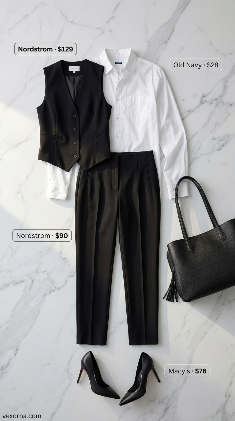 Summer office blazer outfits for women 2026: Black sleeveless blazer vest with white shirt & black pants for formal office.