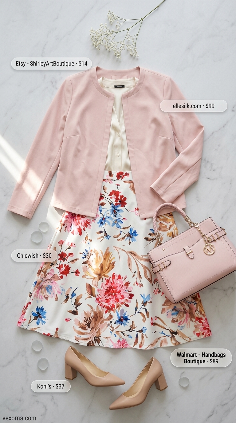 Summer office blazer outfits for women 2026: Blush pink blazer with floral midi skirt & nude pumps for a feminine look.