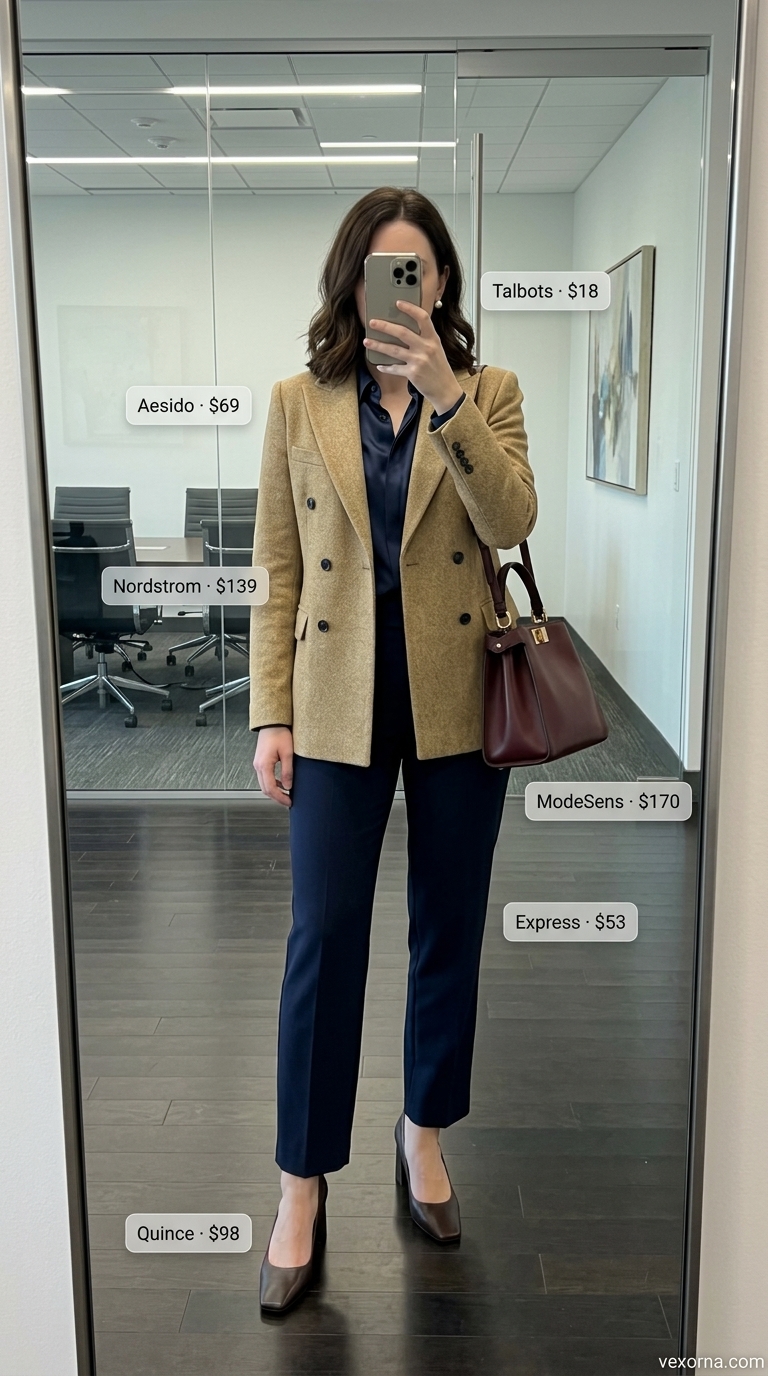 Summer office blazer outfits for women 2026: Camel double-breasted blazer with navy pants for a formal meeting.