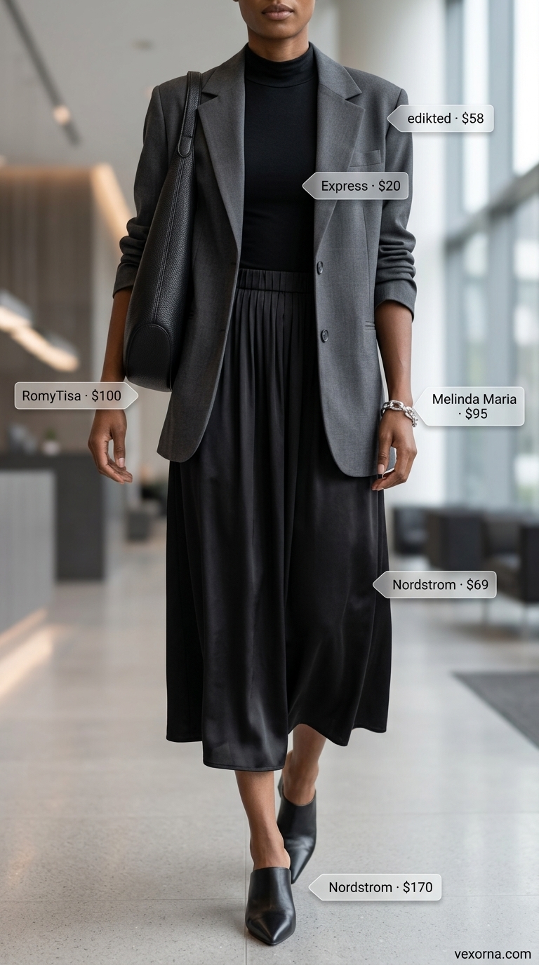 Summer office blazer outfits for women 2026: Charcoal grey blazer with black pleated skirt for a fashion office.