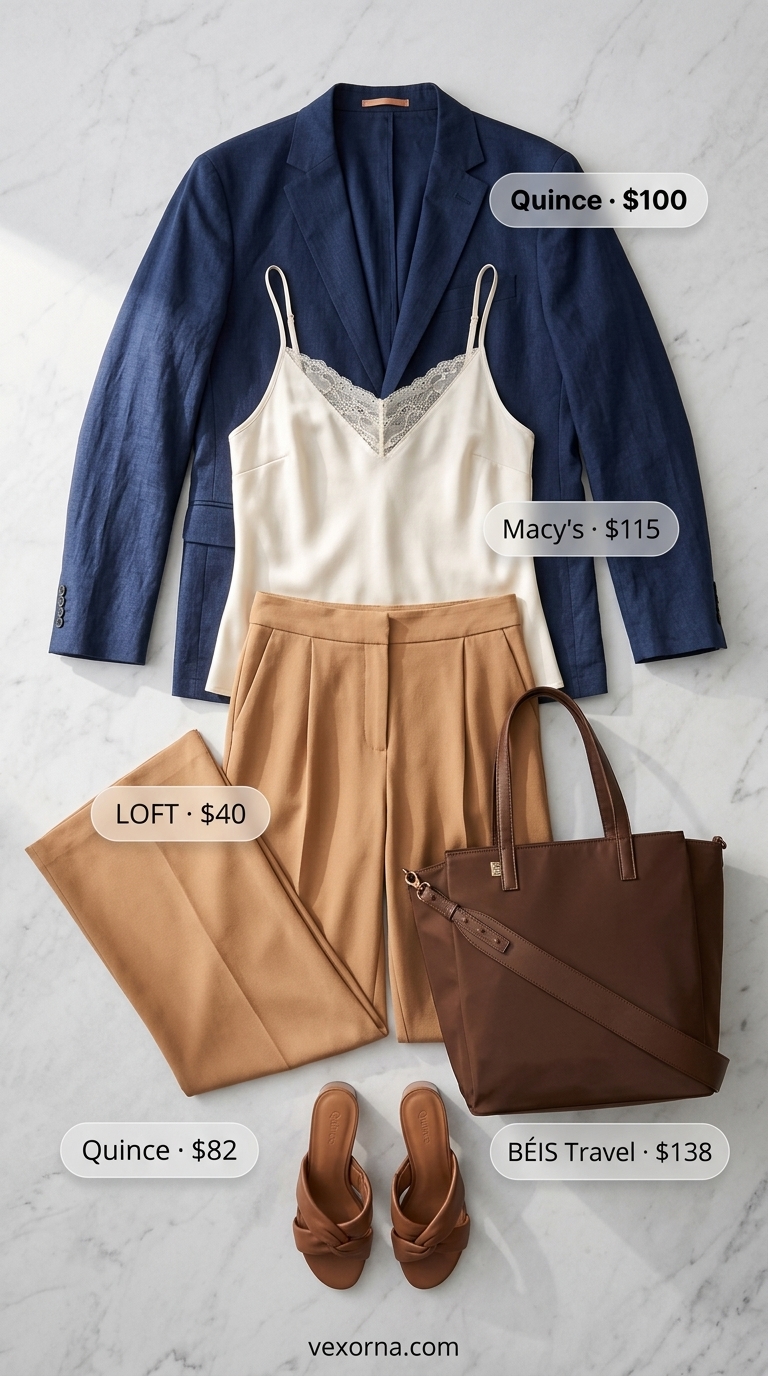 Summer office blazer outfits for women 2026: Navy linen blazer with white wide-leg trousers & tan mules for a coastal look.